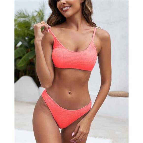 Women's Ribbed Bikini Sets Scoop Neck Cheeky‎ Swimsuit Textured Two Piece Pair - Picture 2 of 5